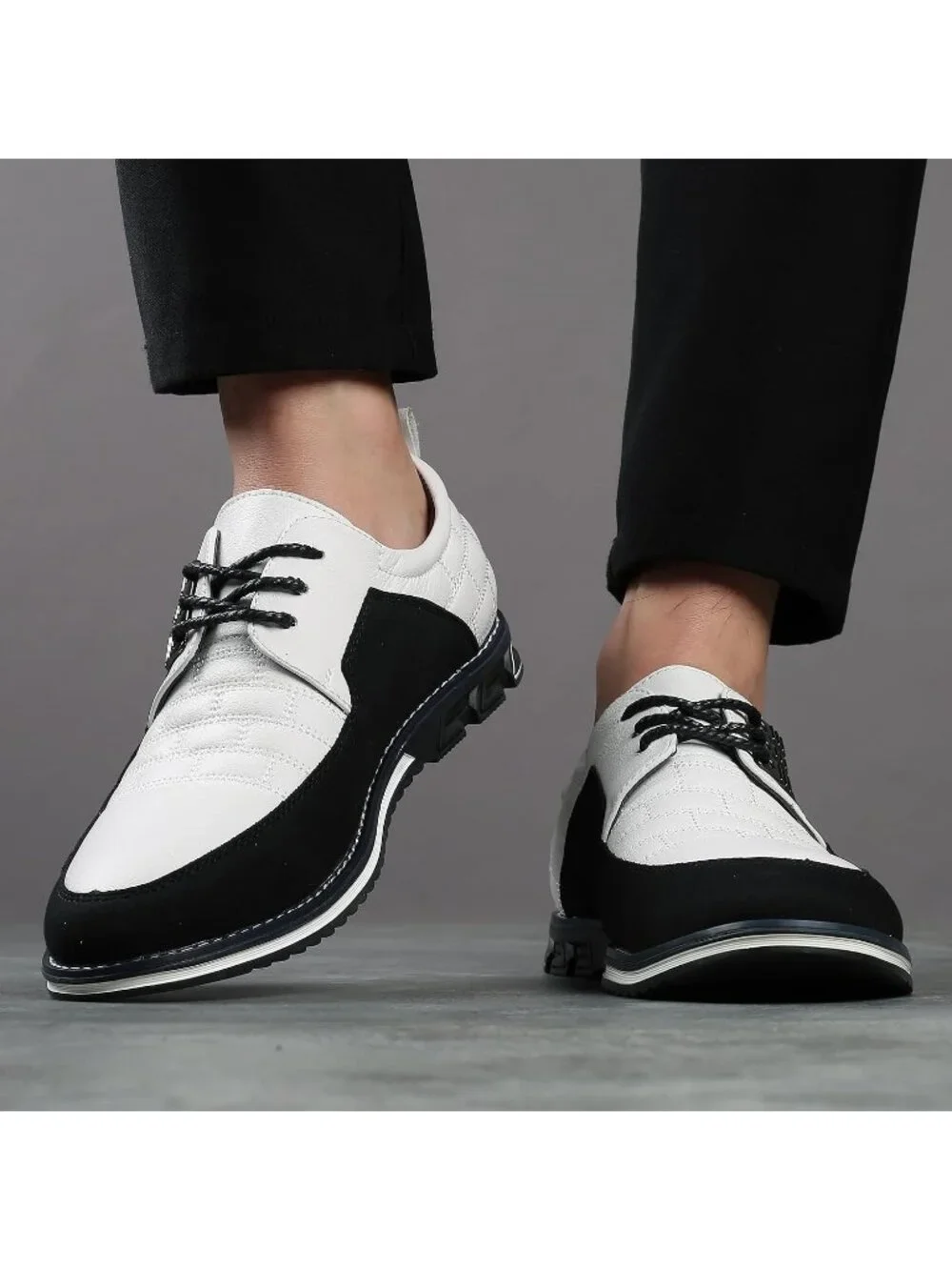 Men's Black & White Grid Textured Two-tone Flexible Derby Oxfords Dress Sneakers